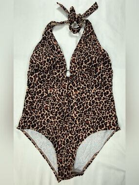 Kona Sol Leopard Print Halter One-Piece Swimsuit - Tan, Black, Brown